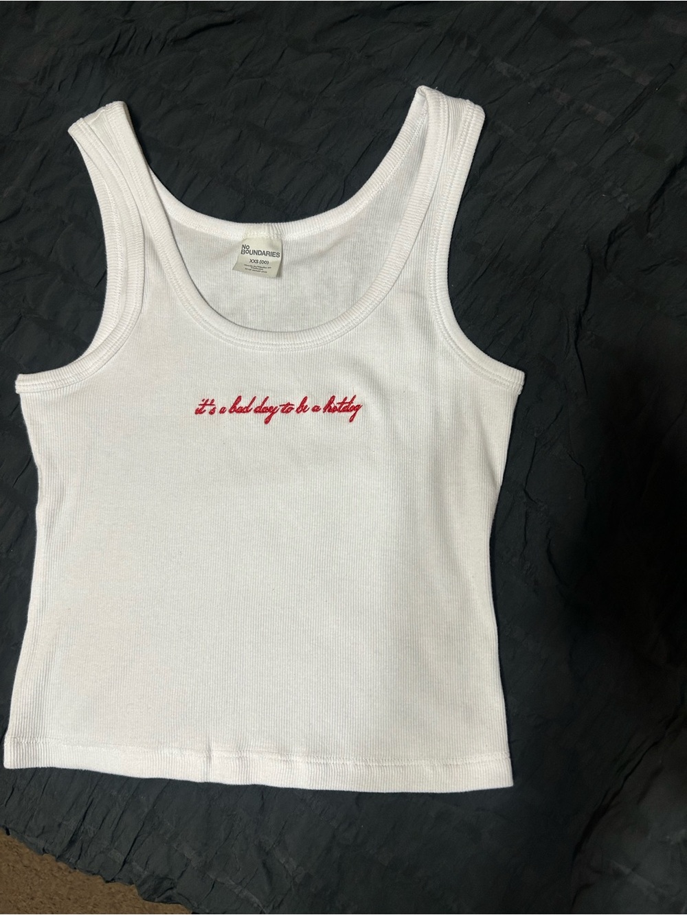 No Boundaries White Ribbed Tank Top with Red Script Accent